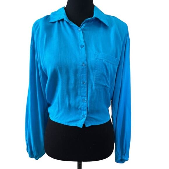 NWT LUSH NORDSTROM Turquoise Long Sleeve Cut-Out Tie Back Button-Up Shirt Size S - Picture 1 of 5